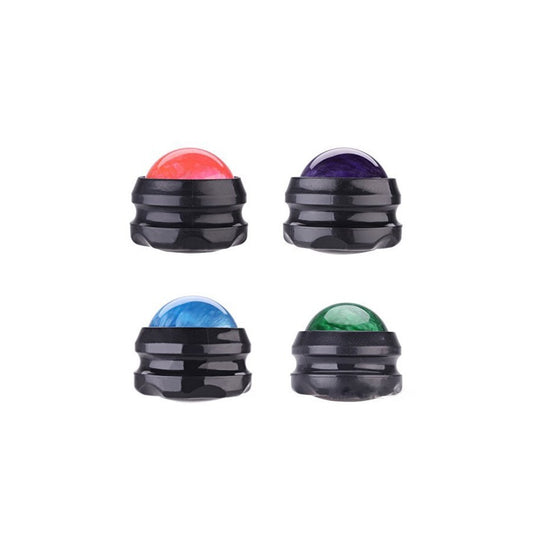 Four colorful massage relaxation fitness balls for stress relief, featuring red, purple, blue, and green designs.