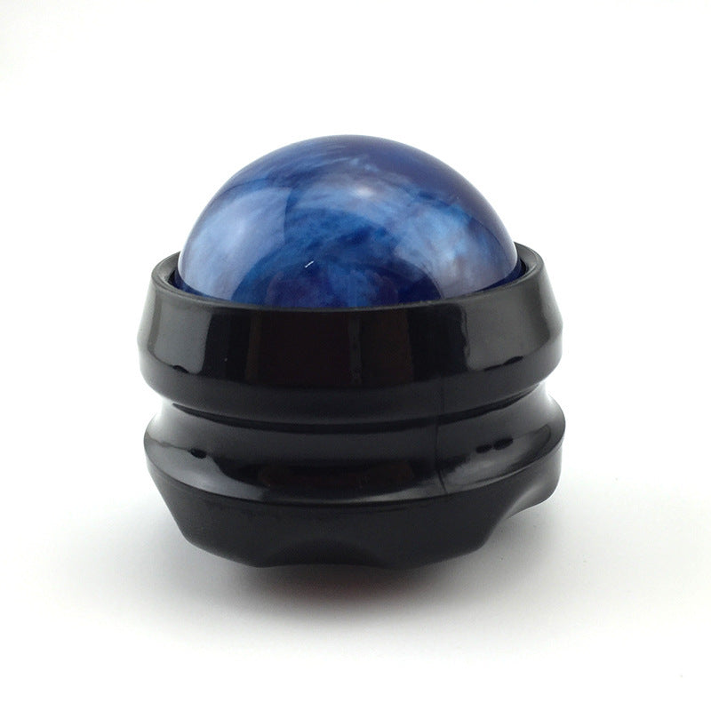 Blue massage relaxation ball on a black roller base for muscle pain relief and stress relief.